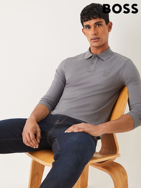 BOSS Grey Passerby Box Logo Long Sleeve Polo Shirt (H26229) | £89