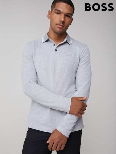 BOSS Silver Long Sleeve Cotton Polo Shirt (H26238) | £129