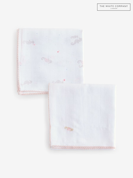 The White Company 100% Organic Cotton Seahorse Friends White Muslins 2 Pack (H26305) | £16