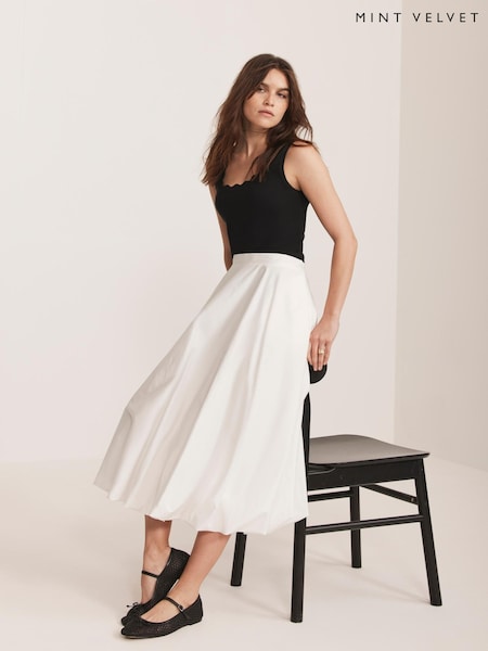Mint Velvet White 100% Cotton Bubble Midi Skirt (H26399) | £99