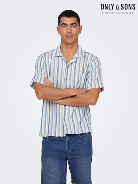 Only & Sons Blue Cuban Collar Stripe Shirt (H26438) | £32