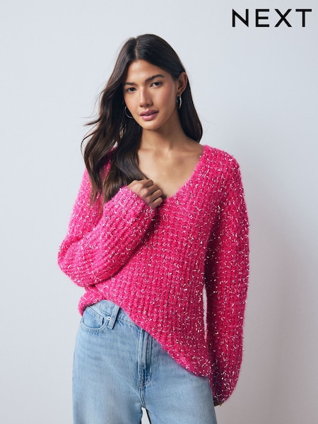 Bright Pink Tinsel V-Neck Chunky Knit Jumper (H26489) | £45