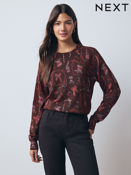 Chocolate Brown Sparkle Bow Christmas Jumper (H26505) | £32