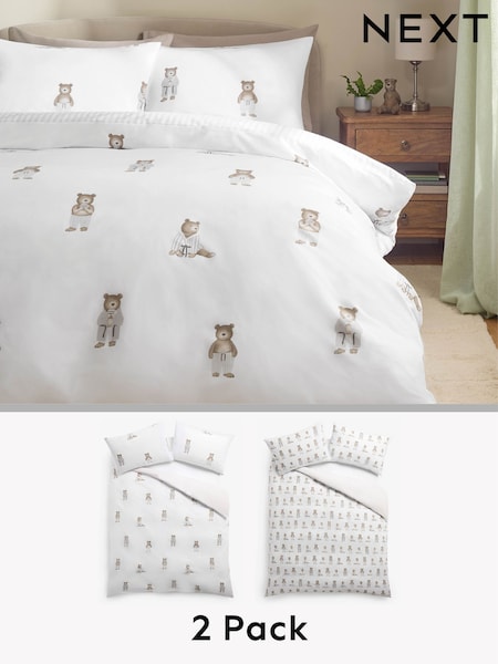 2 Pack White/Natural Bertie Bear Reversible Duvet Cover and Pillowcase Set (H26526) | £29 - £61