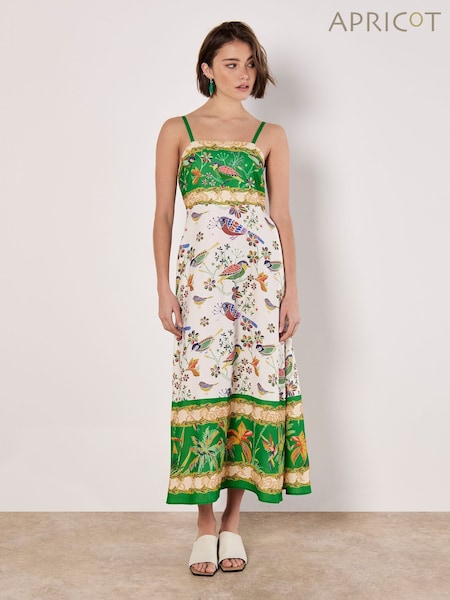 Apricot Green Birds and Palms Border Midi Dress (H26784) | £46