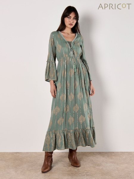 Apricot Green Paisley Tie Front Maxi Dress (H26791) | £50