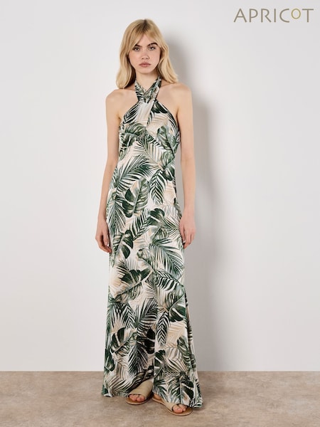 Apricot Cream Tropical Leafy Print Text Satin Dress (H26798) | £46
