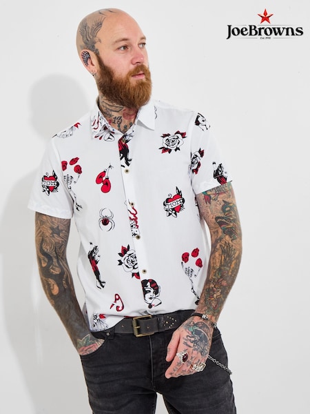 Joe Browns White 100% Cotton Contrast Trim Short Sleeve Tattoo Print Shirt (H26822) | £43