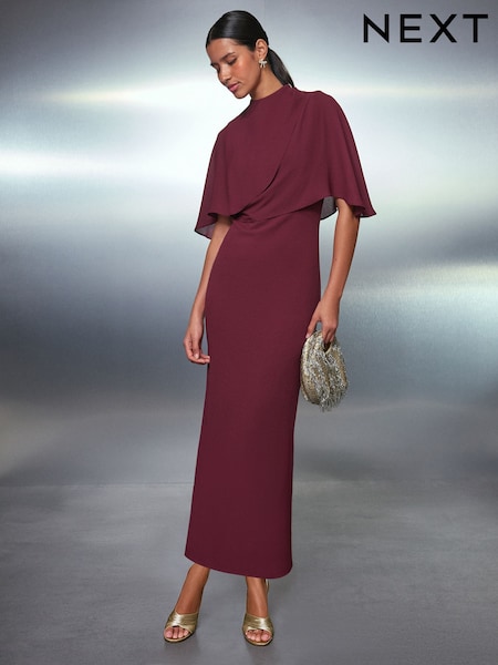 Berry Red Occasion Sheer Cape Maxi Dress (H26857) | £48
