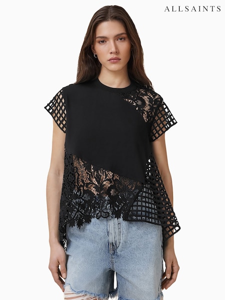 AllSaints Black Zala Crochet Top (H26882) | £119