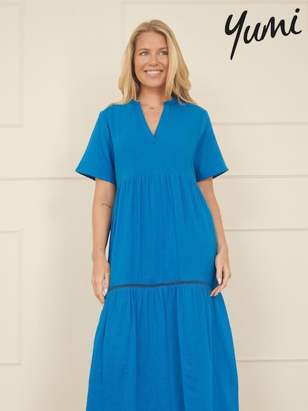 Yumi Blue Double 100% Cotton Long Kaftan (H26885) | £60