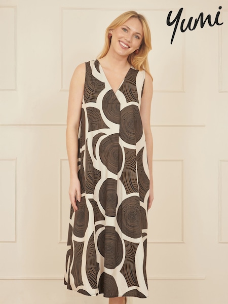 Yumi Brown 100% Cotton Abstract Circle Trapeze Relaxed Midi Dress (H26886) | £65