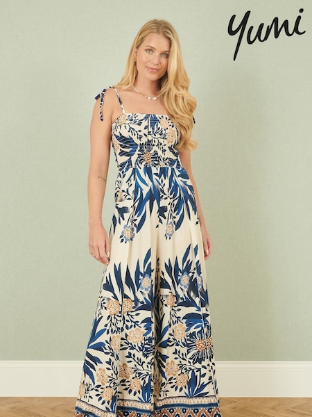Yumi Blue Palm Print Strappy Viscose Jumpsuit (H26893) | £60