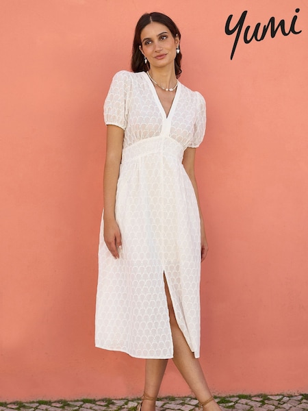 Yumi Cream Broderie Anglaise 100% Cotton Midi Dress With Split Hemline (H26902) | £60