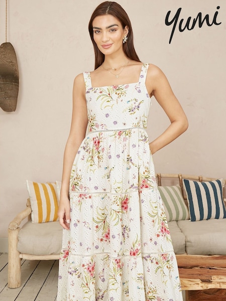 Yumi Cream Floral Broderie Anglaise 100% Cotton Midi Sun Dress (H26903) | £75