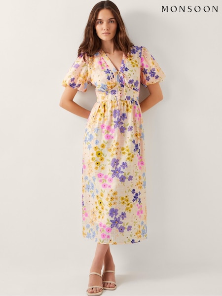 Monsoon Natural Madeline Floral Midi Dress (H26913) | £85