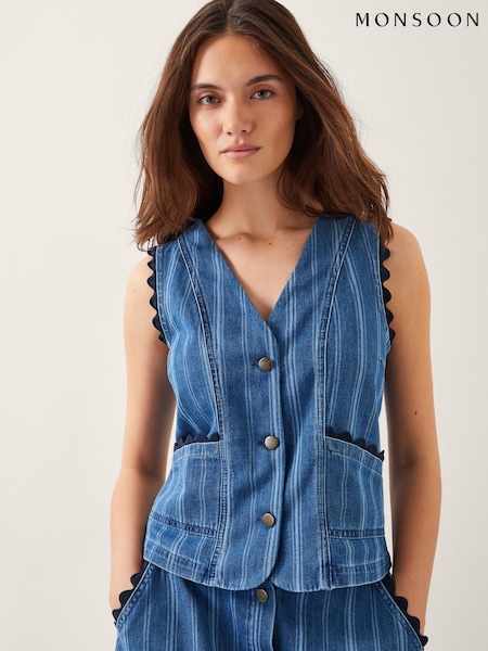 Monsoon Blue Ottilie Denim Stripe 100% Cotton Waistcoat (H26916) | £69