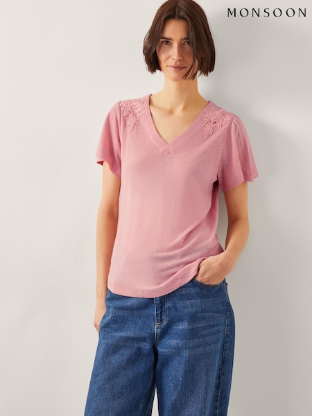Monsoon Pink Mabel Linen Blend T-Shirt (H26919) | £49