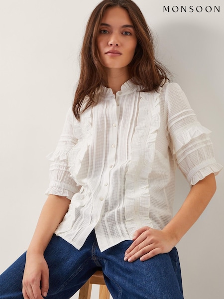 Monsoon White Meesha Frill Short Sleeve 100% Cotton Shirt (H26922) | £55