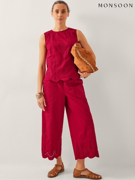 Monsoon Red Orla Broderie Cropped 100% Cotton Trousers (H26923) | £65