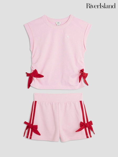 River Island Pink Girls Bow Short 100% Cotton Set (H26932) | £24