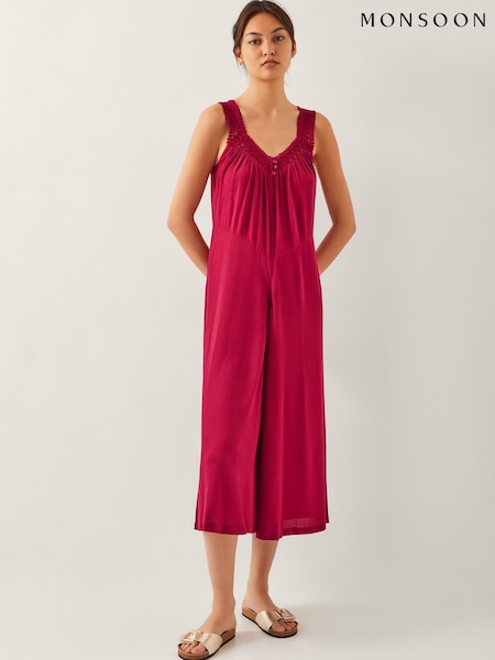Monsoon Red Rachel Embroidered Wide Leg Jumpsuit (H26934) | £75