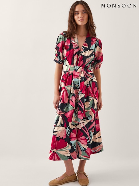 Monsoon Red Jemima Floral Midi Shirt 100% Cotton Dress (H26935) | £75