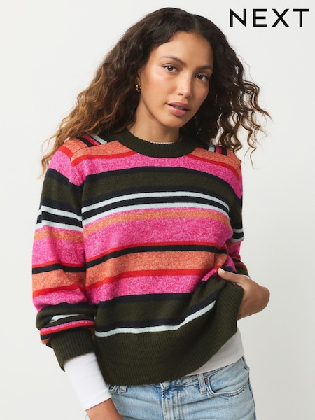 Bright Pink/Khaki Multi Stripe Crew Neck Knitted Jumper with Wool (H27010) | £25