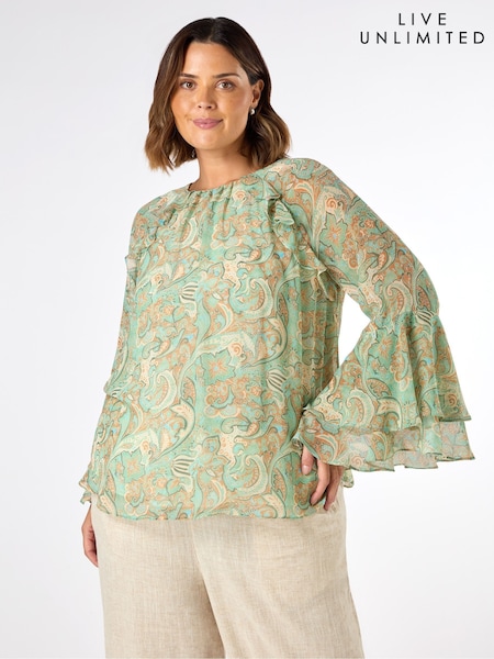 Live Unlimited Green Multi Paisley Print Frill Blouse (H27284) | £89