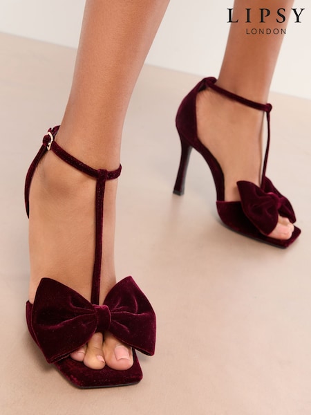 Lipsy Red Velvet Bow TBar Party Heeled Sandals (H27337) | £49