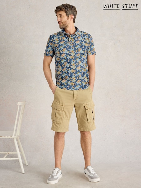 White Stuff Blue Bamboo Leaves Printed 100% Cotton Polo Shirt (H27457) | £38