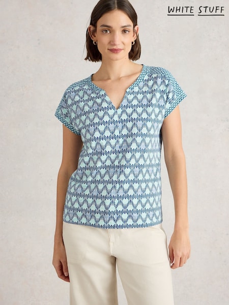White Stuff Navy Multi Nelly Notch Neck 100% Cotton T-Shirt (H27560) | £29.50