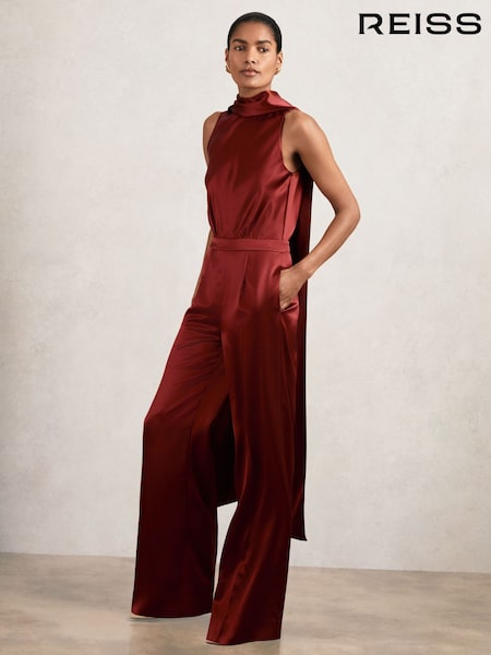 Reiss Dark Red Farah Satin Cape-Sash Jumpsuit (H27719) | £288