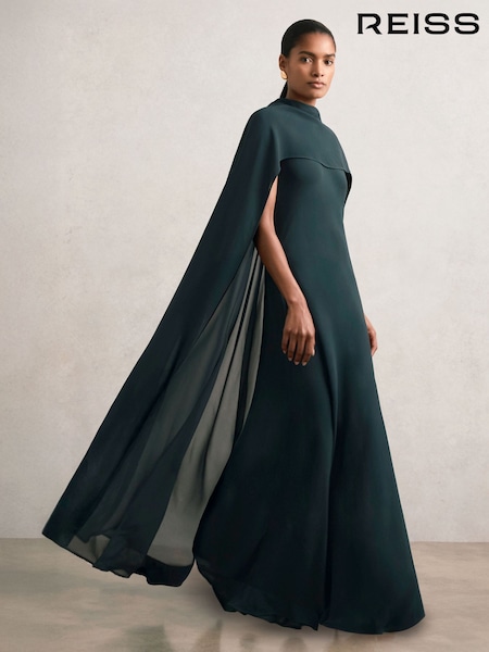 Reiss Teal Green Greta Petite Crepe Cape Maxi Dress (H27772) | £348