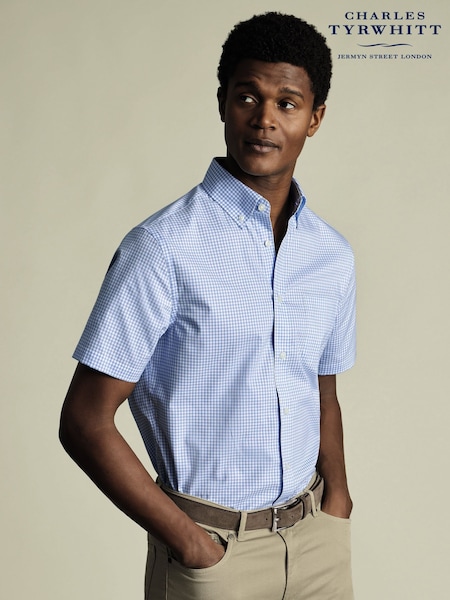 Charles Tyrwhitt Blue Slim Fit Check Slim Fit Short Sleeve Non-Iron Stretch Poplin 100% Cotton Shirt (H27803) | £70