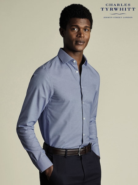 Charles Tyrwhitt Blue Slim Fit Non-Iron Cotton Linen Shirt (H27809) | £70