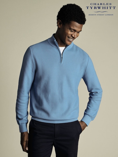 Charles Tyrwhitt Blue Honeycomb 100% Cotton Zip Neck Sweat Top (H27815) | £70