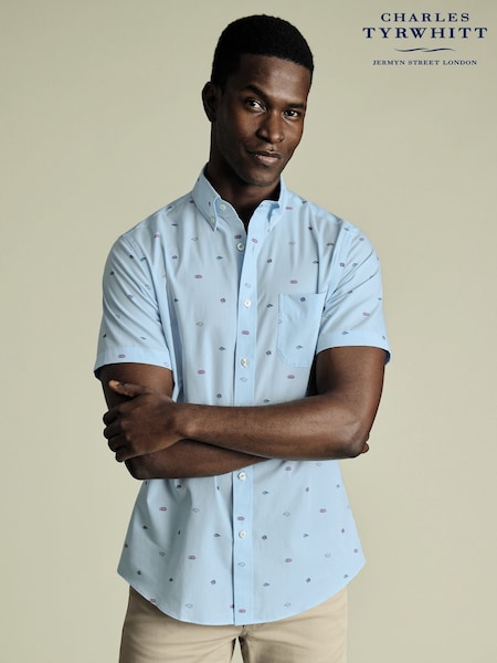 Charles Tyrwhitt Blue Slim Fit Fish Slim Fit Short Sleeve Non-Iron Print 100% Cotton Shirt (H27821) | £70