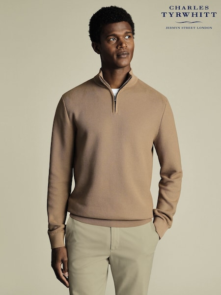 Charles Tyrwhitt Brown Honeycomb 100% Cotton Zip Neck Cardigan (H27824) | £70
