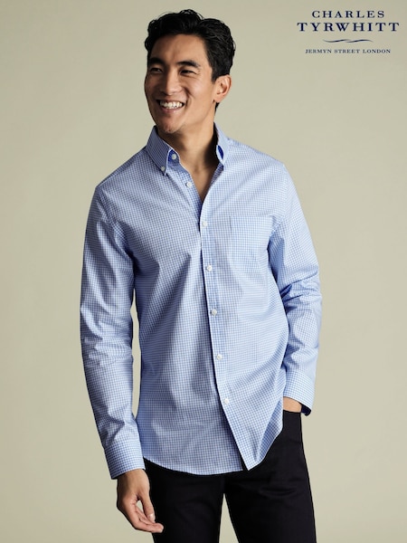 Charles Tyrwhitt Blue Slim Fit Large Check Non-Iron Stretch Poplin 100% Cotton Shirt (H27834) | £70