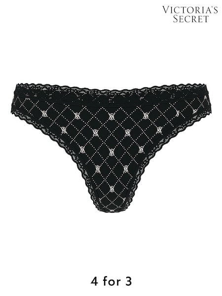Victoria's Secret Black Logo Diamonds Thong Cotton Lace Trim Knickers (H27932) | £9