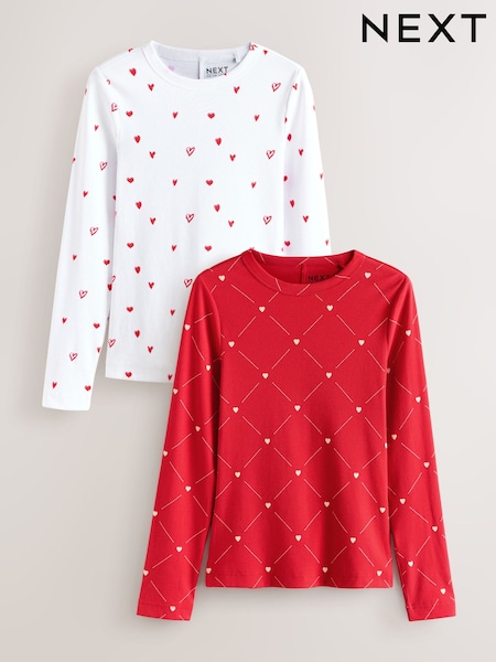 Red/Ecru 2 Pack Multi Heart Graphic Long Sleeve Crew Neck Top (H28425) | £26.50