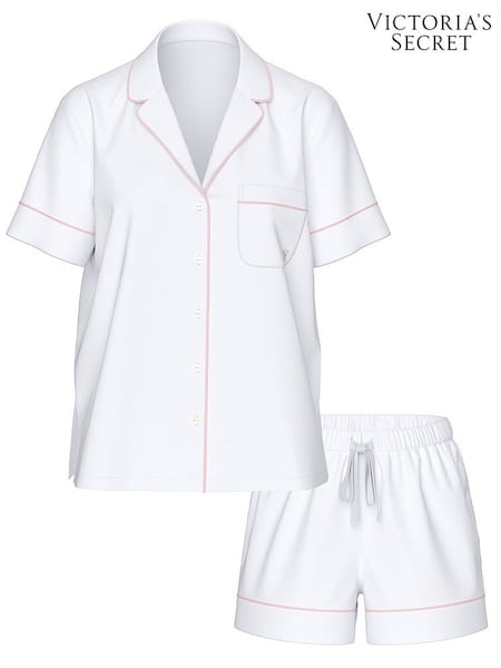 Victoria's Secret White With Pink Piping Cotton Short Pyjamas Set (H28482) | £39
