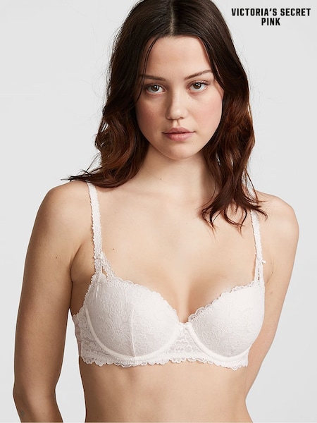Victoria's Secret PINK Coconut White Lace Push Up Balcony Bra (H28601) | £35