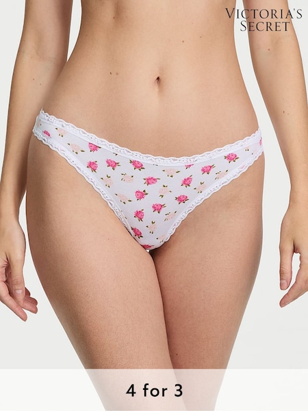Victoria's Secret White Soft Peonies Thong Cotton Lace Trim Knickers (H28861) | £9