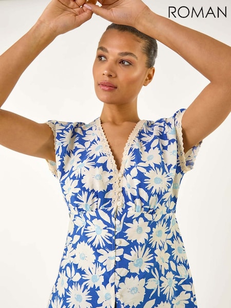 Roman Blue Floral Print Lace Trim Top (H28875) | £40