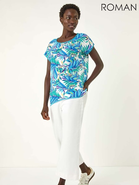 Roman Blue Tropical Leaf Print Bobble Trim T-Shirt (H28876) | £32