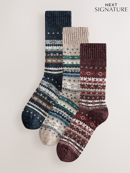 Blue/Neutral/Red Fairisle Signature Thermal Wool Blend Socks 3 Pack (H28942) | £20