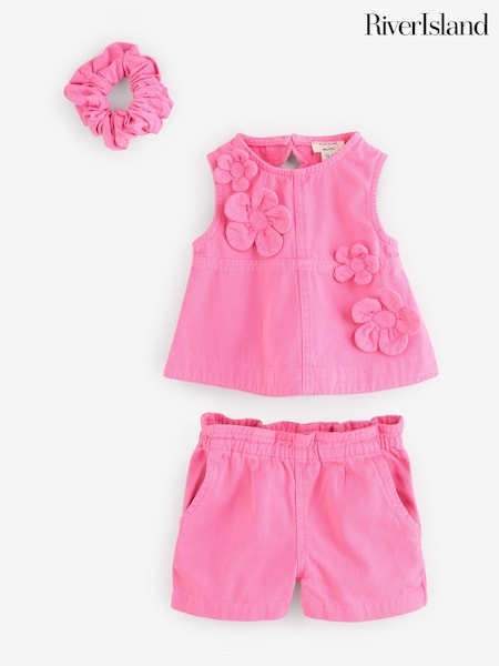 River Island Pink Girls Denim Outfit and Scrunchie 100% Cotton Set (H29364) | £32