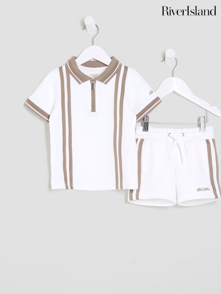 River Island White Boys Textured Stripe Polo Shirt (H29384) | £26